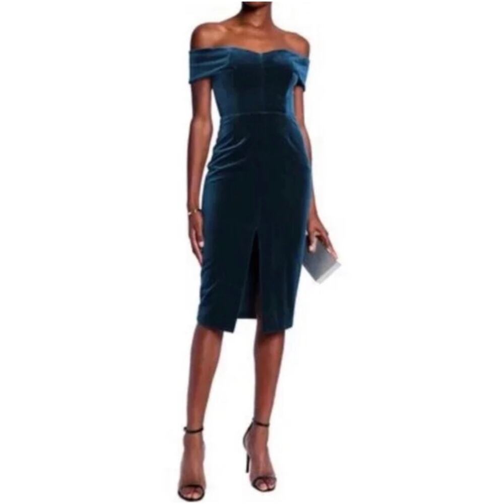 NICHOLAS Velvet Off Shoulder Cocktail Dress‎ Teal Women's Size 4 Revolve Formal